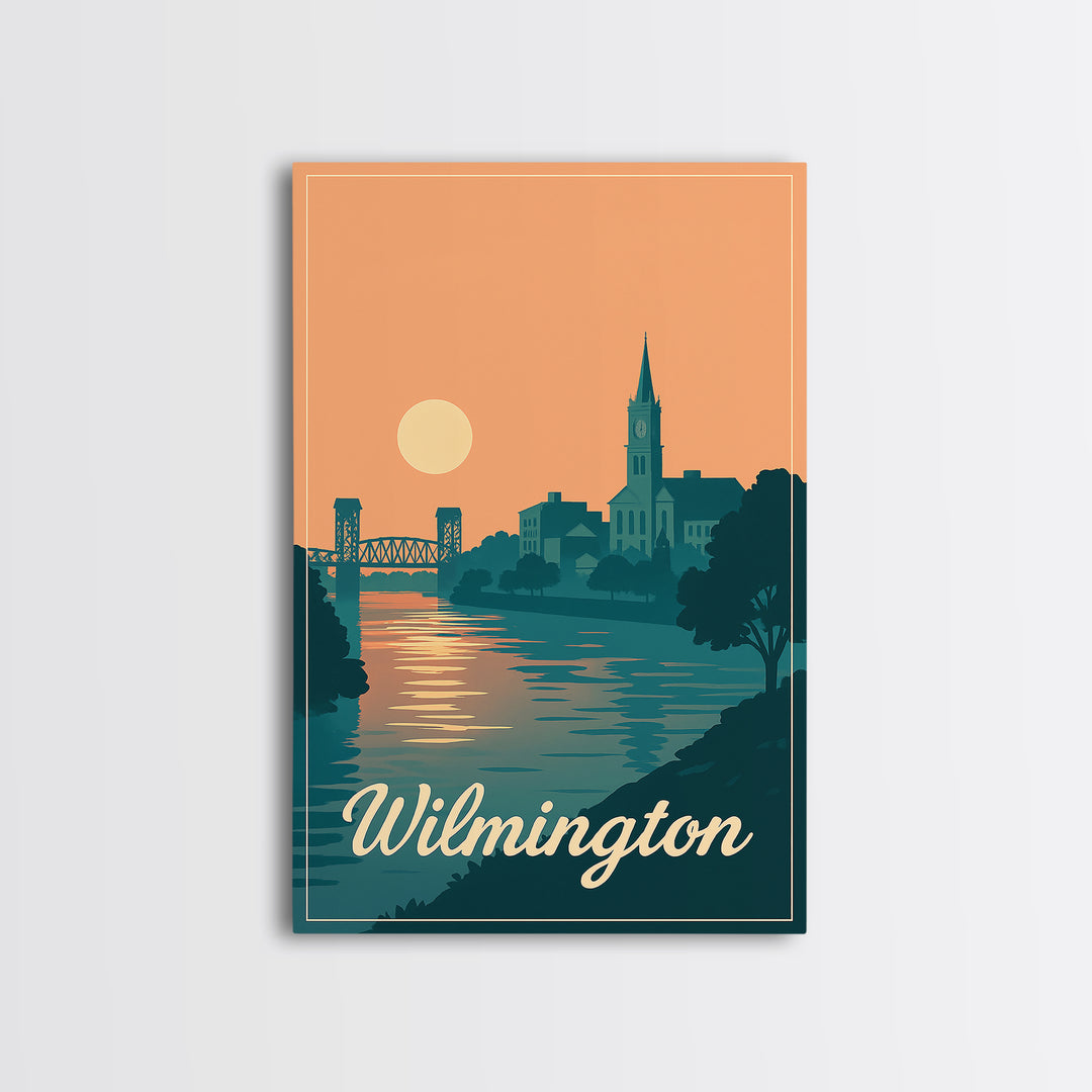 Wilmington North Carolina Travel Poster, Canvas Print, Mid Century City Wall Art, Wilmington Art Print, Wall Art, Watercolor Skyline Art