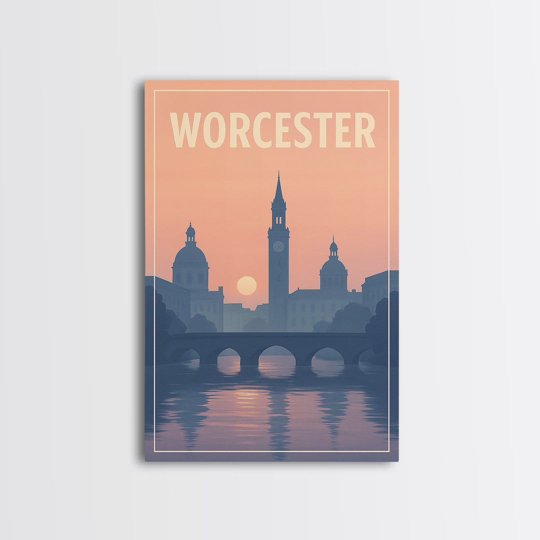Worcester Massachusetts Travel Poster, Canvas Print, Sunset Skyline Art, Worcester Travel Art, Travel Poster Set, Watercolor City Skyline