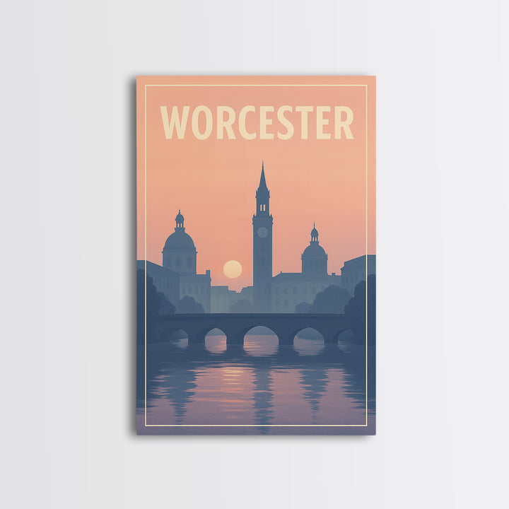 Worcester Massachusetts Travel Poster, Canvas Print, Sunset Skyline Art, Worcester Travel Art, Travel Poster Set, Watercolor City Skyline