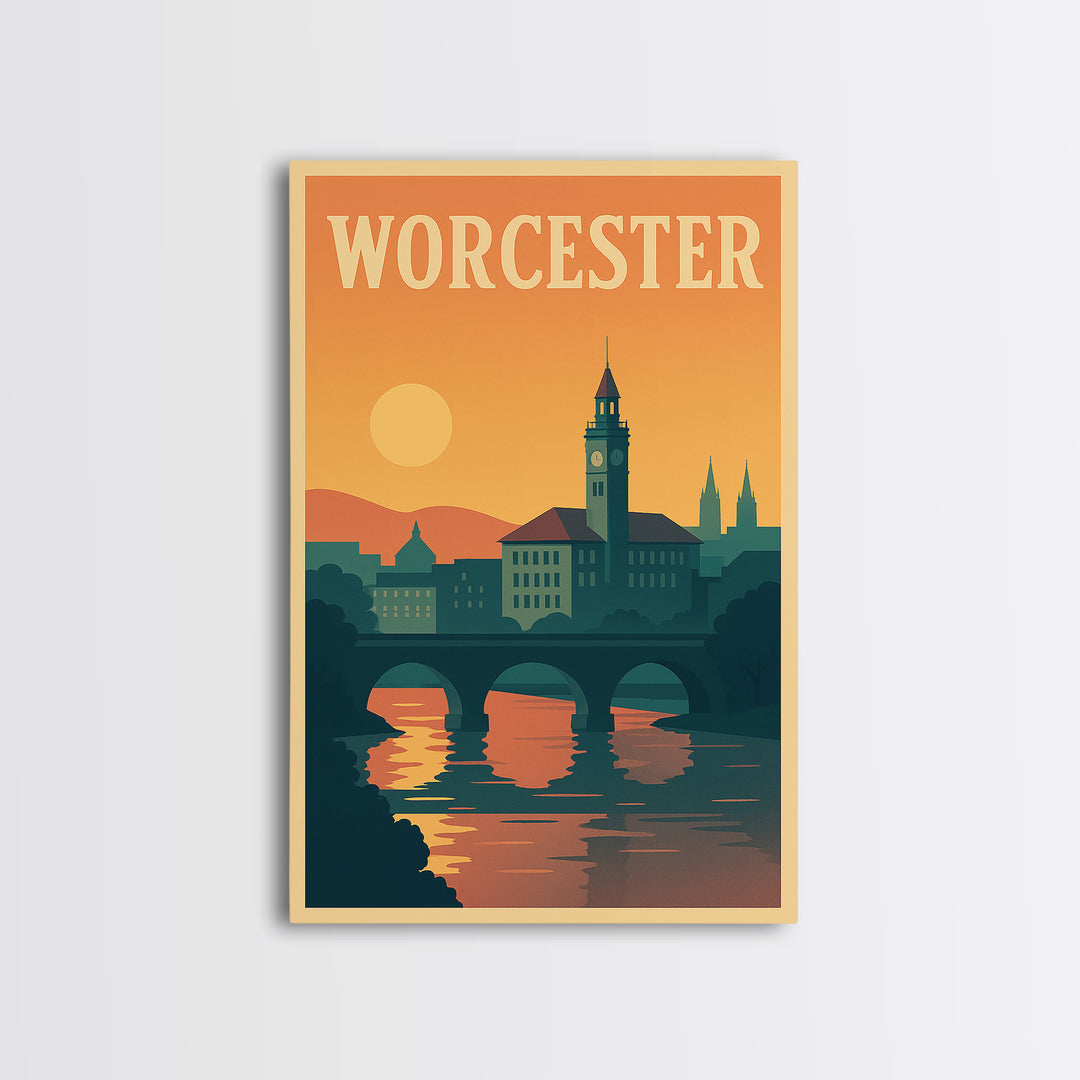 Worcester Travel Poster, Canvas Print, Mid Century City Wall Art, Worcester Travel Art, Travel Poster Set, City Art Print, Fine Art Print