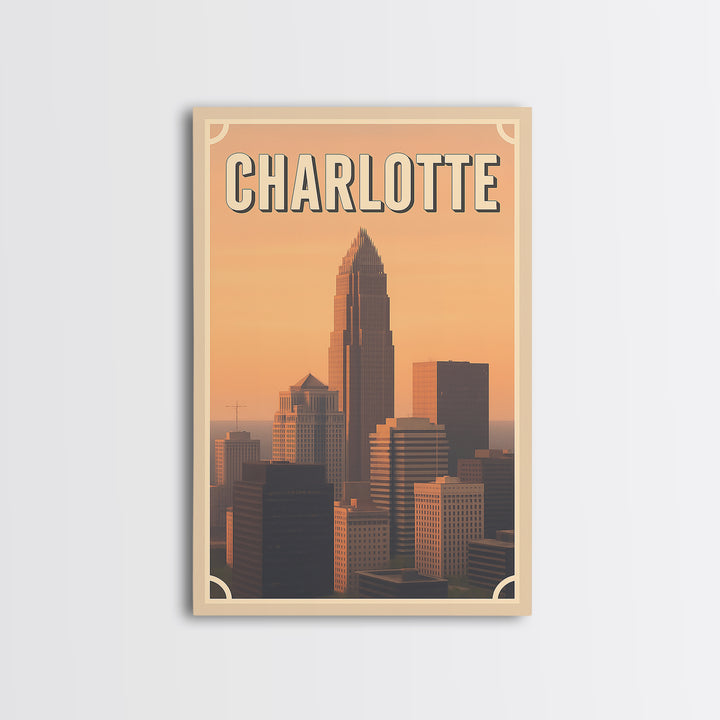 Charlotte Travel Poster, Framed Canvas Print, Vintage Theatre Style Art, Charlotte Poster Print, Gift For Travelers, Travel Poster Set