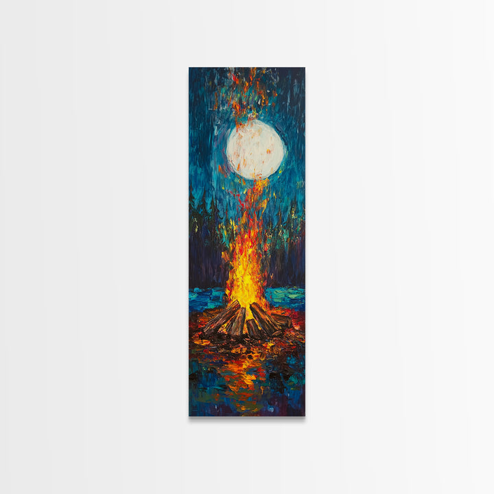 Moonlit Campfire Framed Canvas Print moody art mountain painting above couch art rustic wall art tall narrow art
