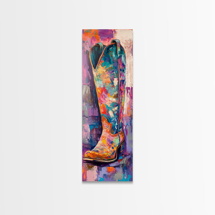 Colorful Cowboy Boot Oil Painting Framed Canvas Print, Whimsical Art, Rustic Wall Art, Extra Wide Art, Southwest Wall Art