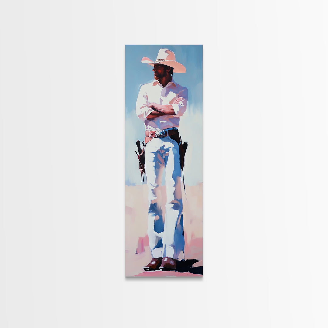 Western Cowboy in White Framed Canvas Print, Rustic Wall Art, Moody Art, Southwest Wall Art, Vintage Horse Art, Extra Wide Art