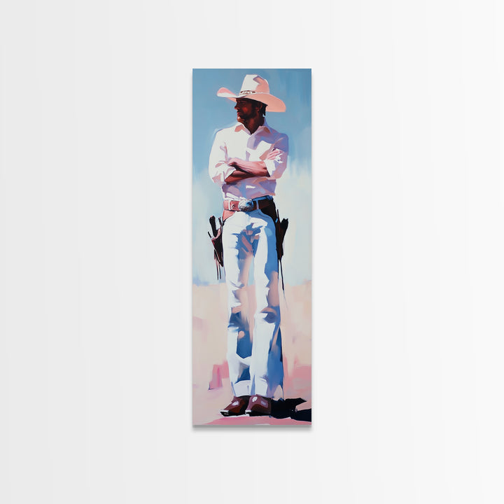 Western Cowboy in White Framed Canvas Print, Rustic Wall Art, Moody Art, Southwest Wall Art, Vintage Horse Art, Extra Wide Art