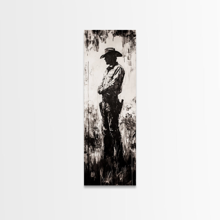 Black and White Cowboy Art Framed Canvas Print, Rustic Wall Art, Moody Art, Southwest Wall Art, Vintage Horse Art, Tall Narrow Art
