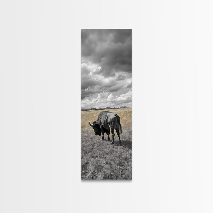 Lone Bison in Field Framed Canvas Print | Rustic Wall Art | Moody Art | Wildlife Painting | Farmhouse Decor | Southwest Wall Art | Gift Idea