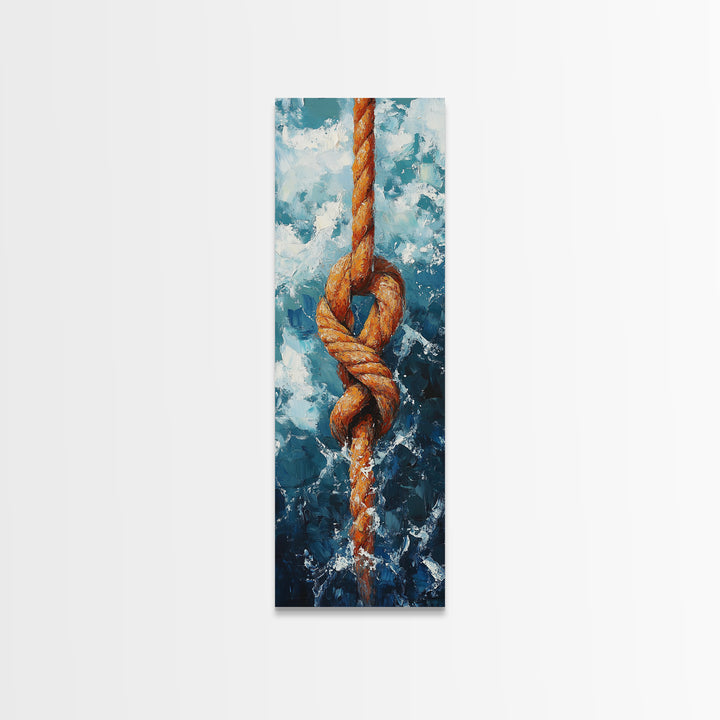 Nautical Rope Knot Painting Framed Canvas Print, Coastal Wall Art, Nautical Decor, Maritime Wall Art, Surf Wall Art, Ocean Art, Extra Wide Art, Rustic Wall Art, Moody Art, Above Couch Art, Gift Idea, Original Painting, Panoramic Art