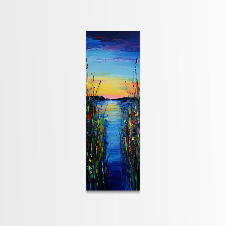 Vibrant Lake Reflection Framed Canvas Print lake Tahoe art landscape painting sunset over water coastal decor extra wide wall art