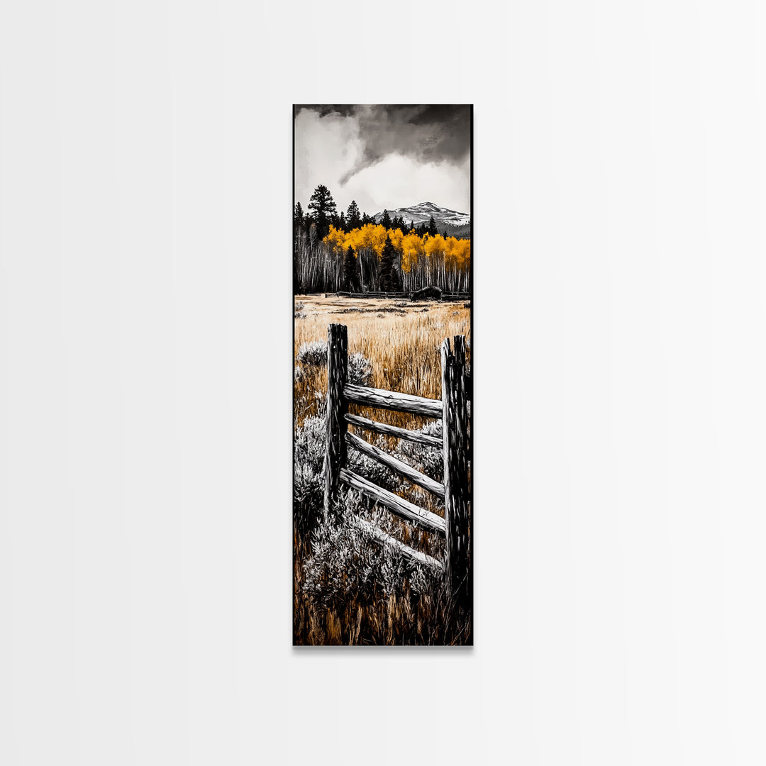Rustic Mountain Fence Framed Canvas Print, Birch Tree Art, Fall Landscape Painting, Moody Art, Farmhouse Art, Above Sofa Art