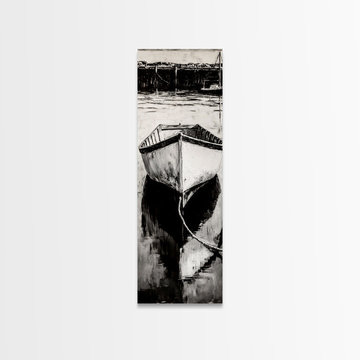 Monochrome Boat Reflection Framed Canvas Print nautical painting moody art coastal wall art nautical wall art gift idea for him