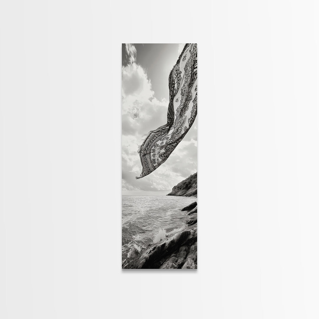 Flowing Fabric Over Ocean, Framed Canvas Print, wabi sabi art, coastal decor, boho art, minimalist art, above couch art, panoramic painting