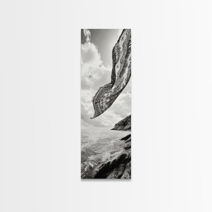 Flowing Fabric Over Ocean, Framed Canvas Print, wabi sabi art, coastal decor, boho art, minimalist art, above couch art, panoramic painting