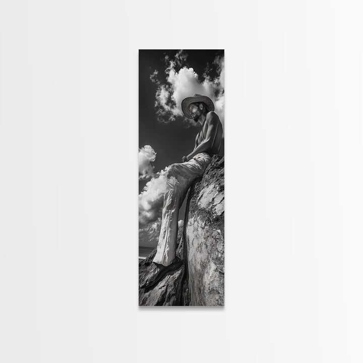 Bohemian Man, Clifftop Reflection, Framed Canvas Print, Coastal Cowgirl Wall Art, Rustic Décor, Boho Art, Minimalist Art