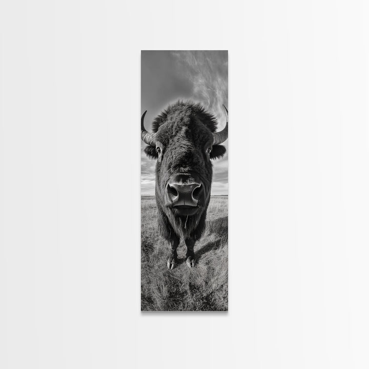 Majestic Bison Close-Up, Framed Canvas Print, rustic wall art, cowboy home décor, wildlife photography, farmhouse art, black and white photography
