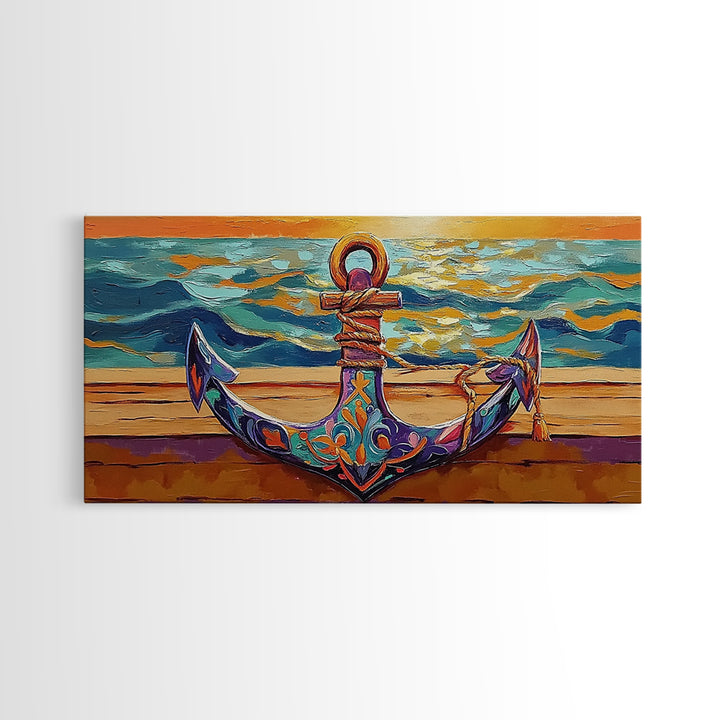 Anchor at Sunset, nautical painting, coastal decor, ocean art, framed canvas print, above sofa art, beach house decor, seascape