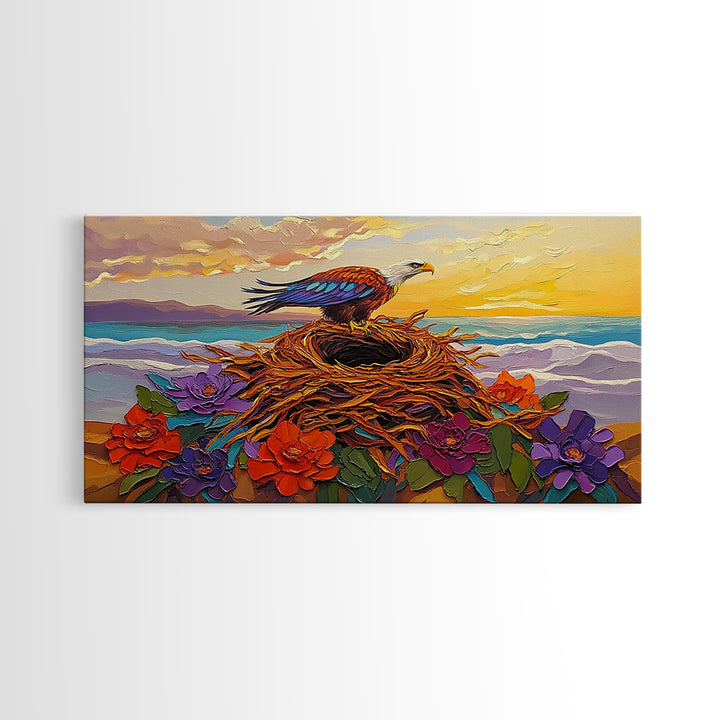 Bald Eagle Nest, bird art, mountain painting, moody art, southwest wall art, patriotic decor, nature art, Framed Canvas Print