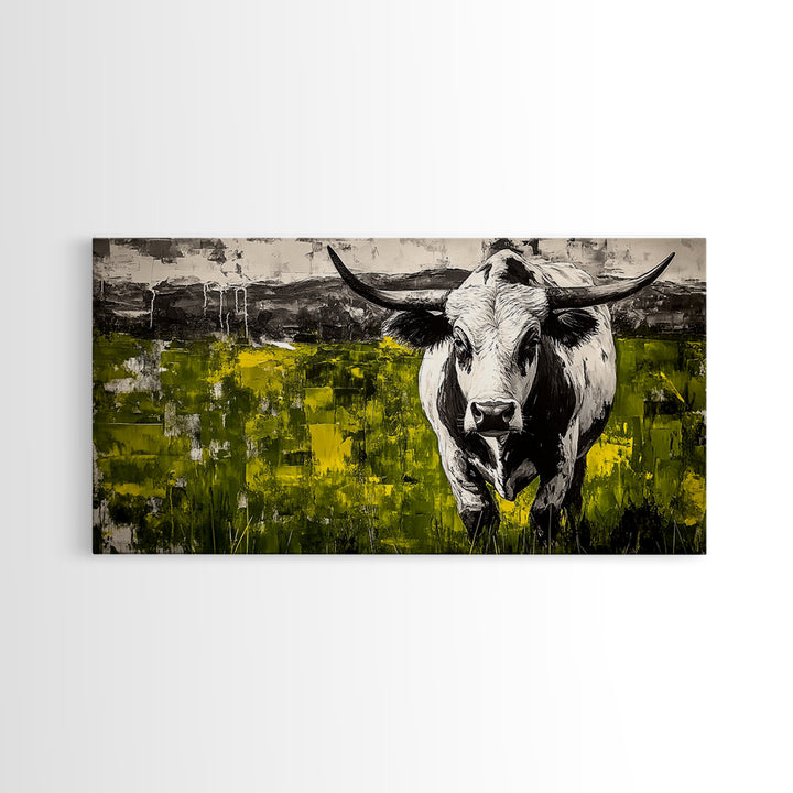 Bull Painting, rustic wall art, bull and bear art, farmhouse decor, green wall art, bold statement art, dramatic painting, Canvas Print