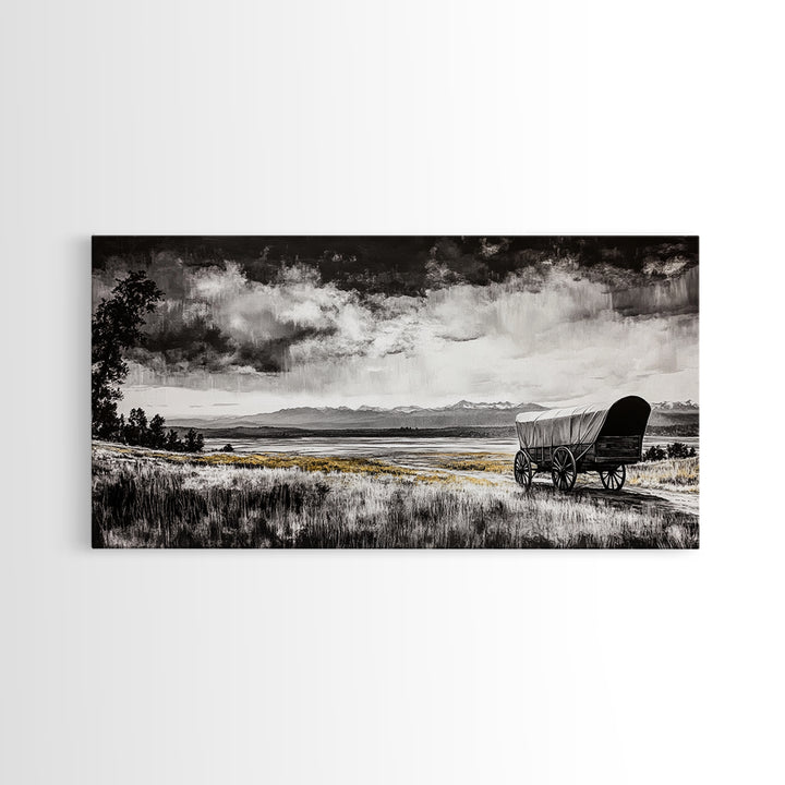 Covered Wagon, barn landscape oil painting, rustic wall art, farmhouse decor, panoramic art, smoky mountain art, Framed Canvas Print, landscape