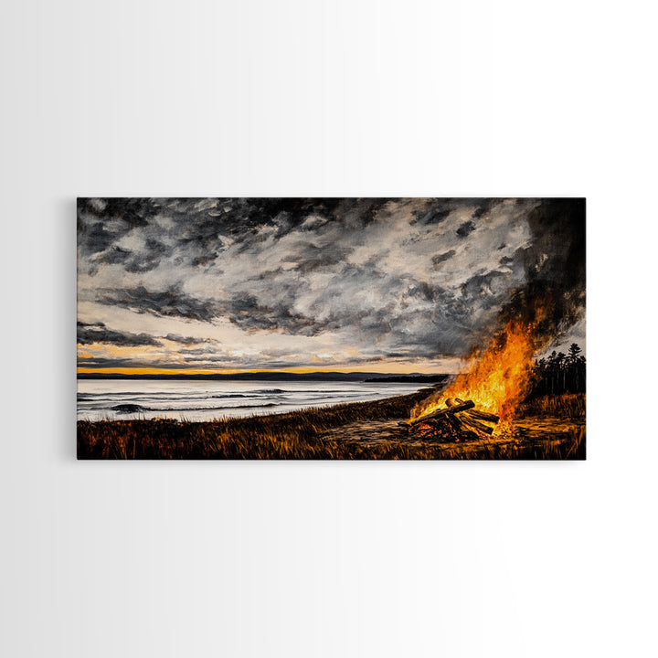 Campfire, forest at dusk painting, smoky mountain art, extra wide art, autumn decor, wabi sabi art, Framed Canvas Print, above couch art