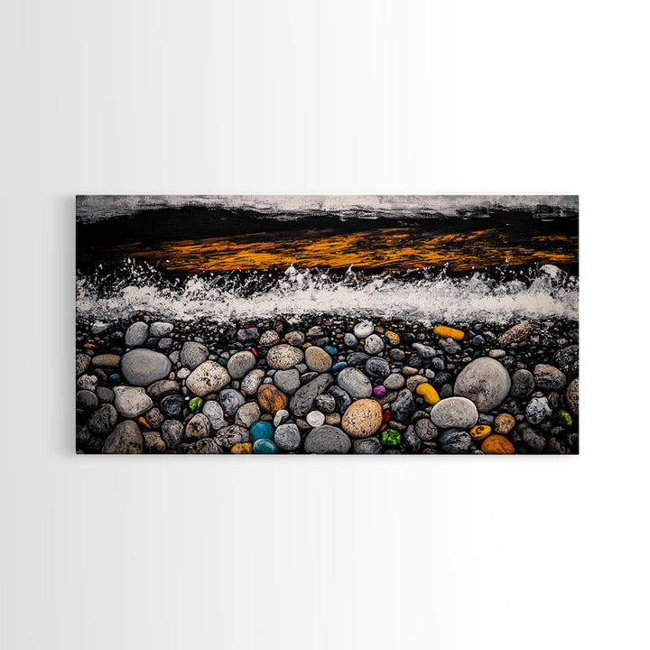 Pebble Beach, coastal landscape art, wabi sabi art, rustic decor, moody art, panoramic painting, seascape painting, Framed Canvas Print, zen art