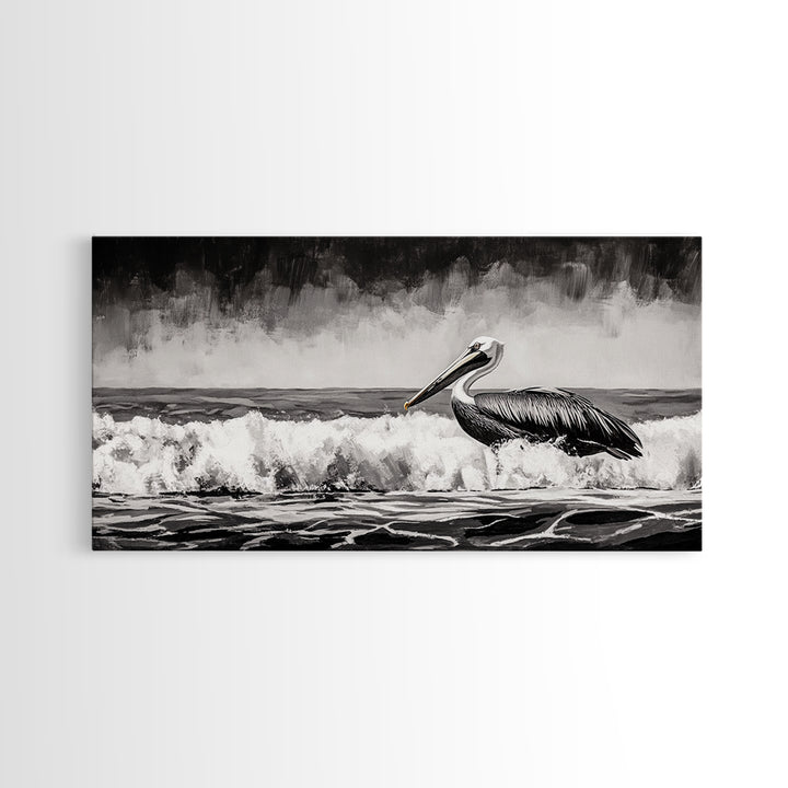 Pelican, coastal wall art, nautical painting, black and white art, seascape painting, ocean bird, Framed Canvas Print, beach decor