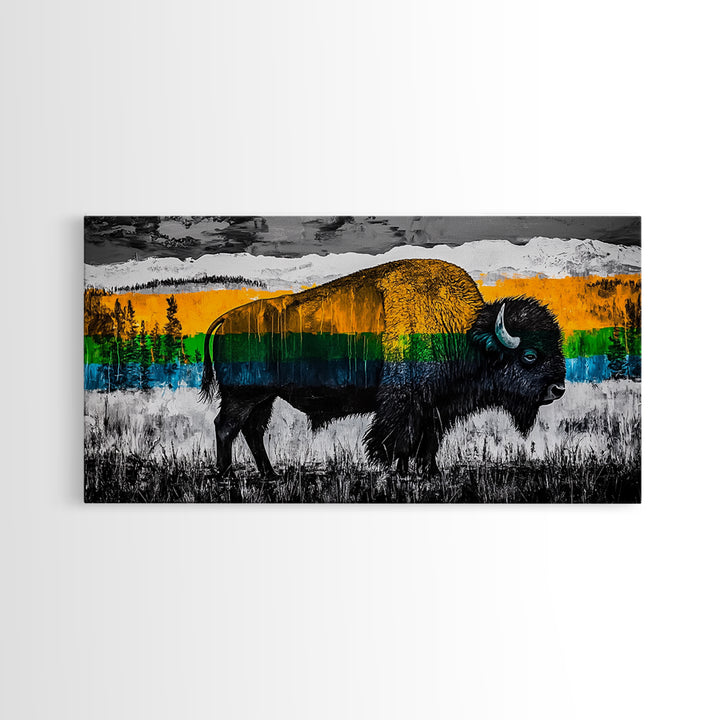 Bison, rustic wall art, mountain painting, western decor, wildlife art, Joshua tree art, extra wide art, Framed Canvas Print, moody art
