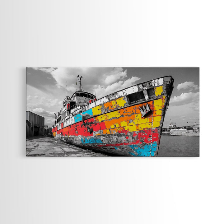 Colorful Rusted Ship Canvas Print | Nautical Wall Art | Coastal Painting | Moody Art | Extra Wide Art | Above Sofa Art | Wabi Sabi Art