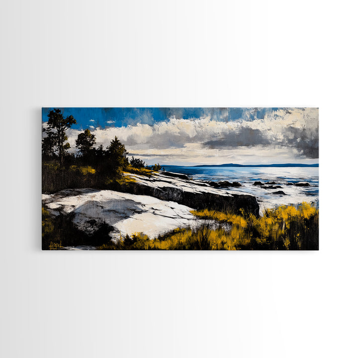 Coastal Landscape, Maine oil painting, seascape painting, landscape painting, nautical wall art, extra wide art, framed canvas print