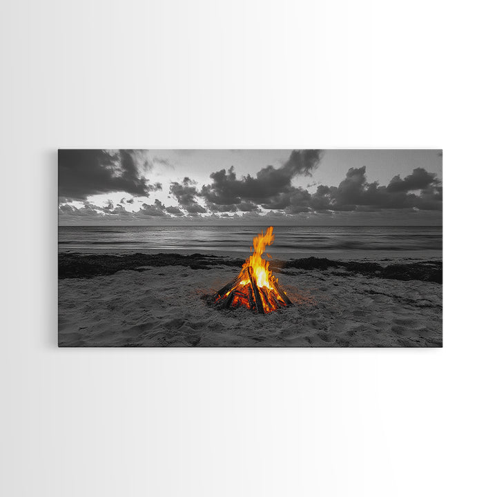 Campfire on Beach Framed Canvas Print | Seascape Painting | Coastal Wall Art | Moody Art | Rustic Decor | Extra Wide Art | Nautical Painting