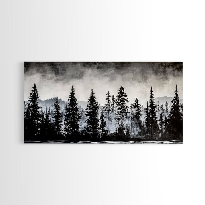 Pine Tree Forest, Moody Landscape Painting, Black and White Wall Art, Nature Wall Art, Extra Wide Art, Framed Canvas Print, Rustic Decor