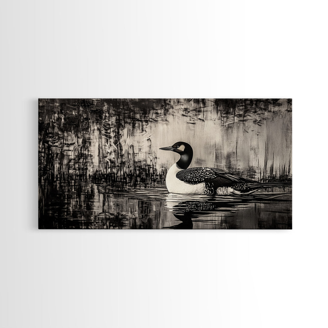 Loon Bird Art, Black and White Painting, Wildlife Wall Art, Rustic Decor, Framed Canvas Print, Lake House Art, Nature Lover Gift