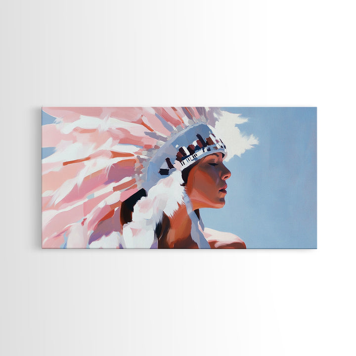 Native American Art, Woman in Headdress, Southwest Wall Art, Cultural Portrait, Framed Canvas Print, Extra Wide Art, Rustic Decor