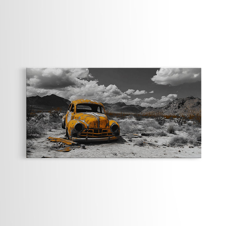 Abandoned Car in Desert Framed Canvas Print | Custom Car Painting | Moody Art | Southwest Wall Art | Wabi Sabi Art | Extra Wide Art