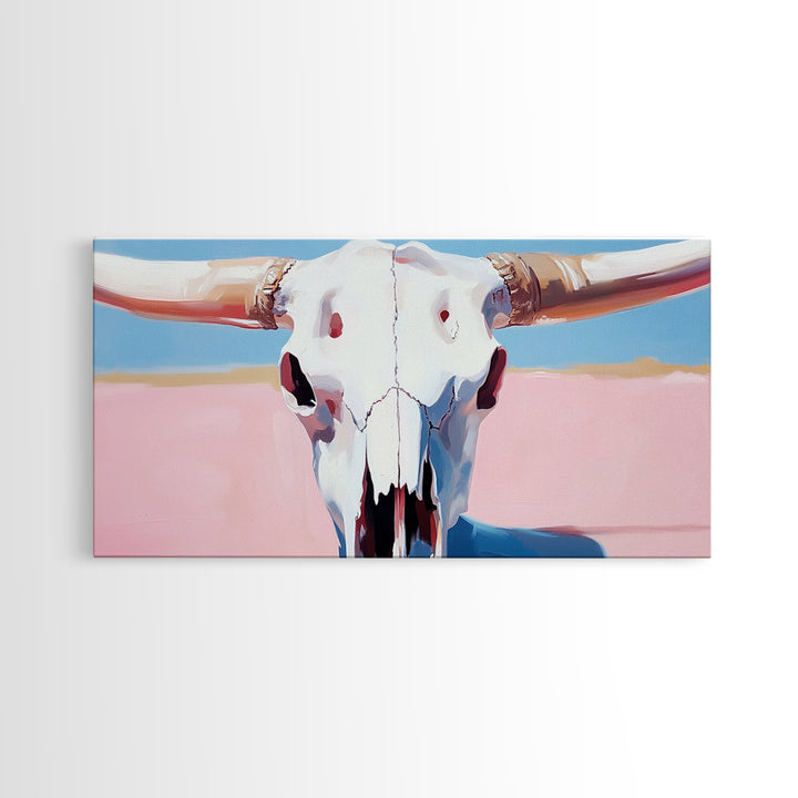 Bull Skull Painting, Southwest Wall Art, Pink and Blue Art, Rustic Western Decor, Framed Canvas Print, Extra Wide Art, Boho Art