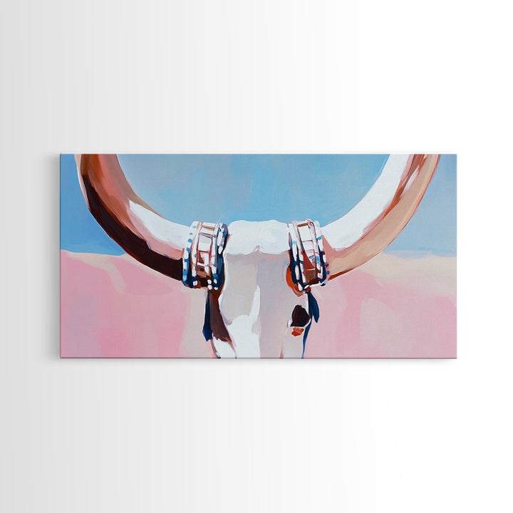 Bull Skull, Skull Art, Rustic Wall Art, Wabi Sabi Art, Southwest Wall Art, Long Narrow Wall Art, Canvas Print, Farmhouse Art, Extra Wide Art