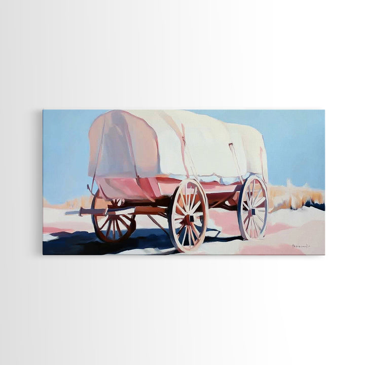 Covered Wagon, Vintage Western Art, Rustic Wall Art, Farmhouse Art, Coastal Cowgirl Wall Art, Light Pink Wall Art, Framed Canvas Print, Extra Wide Art