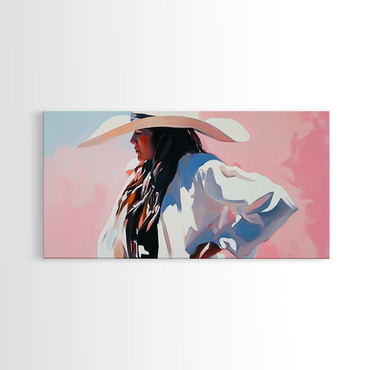 Cowgirl in White, Black Cowgirl Painting, Coastal Cowgirl Wall Art, Rustic Decor, Light Pink Wall Art, Canvas Print, Bedroom Art, Moody Art