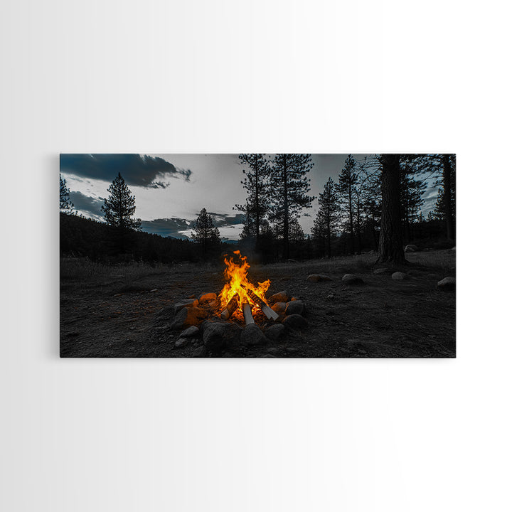 Campfire Under Pine Trees Canvas Print | Forest at Dusk Painting | Rustic Wall Art | Moody Landscape Art | Above Sofa Art | Extra Wide Art