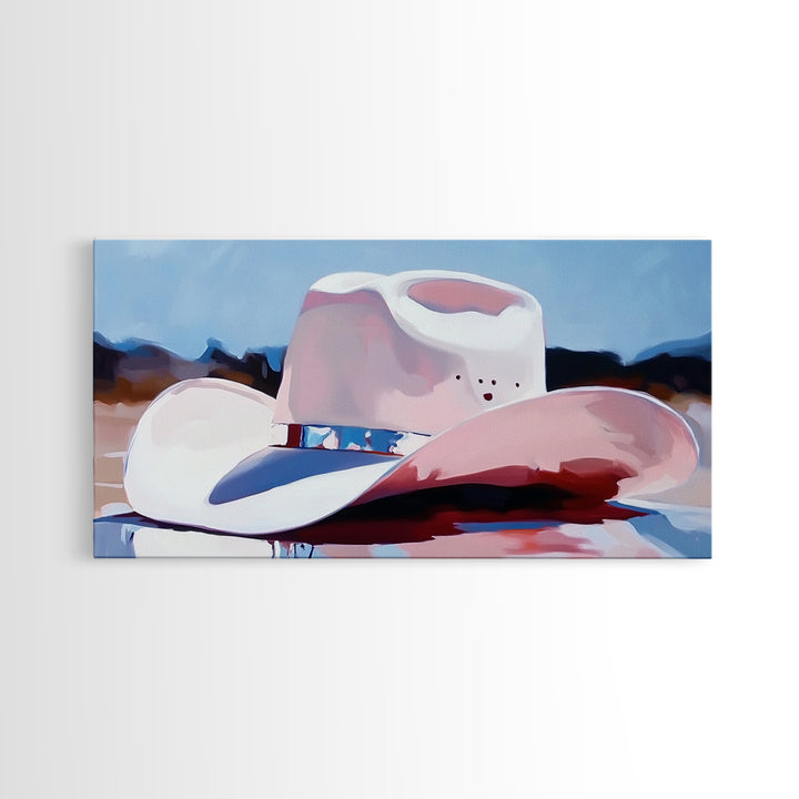 Cowboy hat, western art, farmhouse art, framed canvas print, rustic wall art, gift idea, wabi sabi art, pink abstract art, lofi art