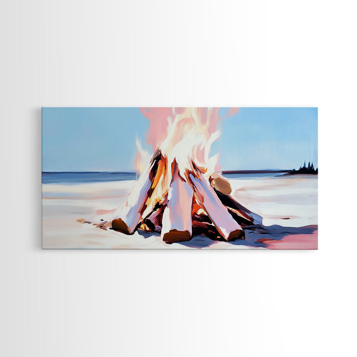Campfire, moody art, coastal landscape art, framed canvas print, rustic decor, fire painting, extra wide art, landscape painting