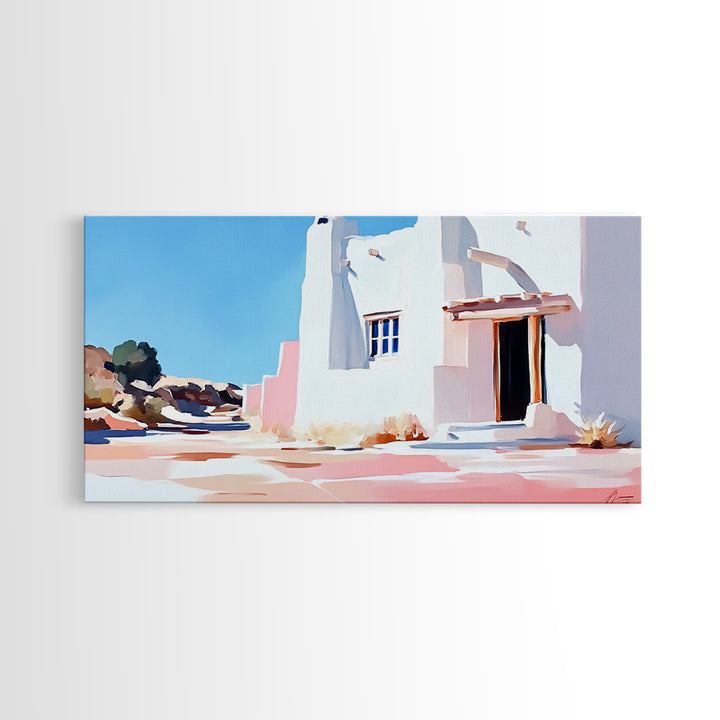 Adobe house, southwest art, rustic decor, framed canvas print, landscape painting, minimalist art, extra wide art, Joshua tree art