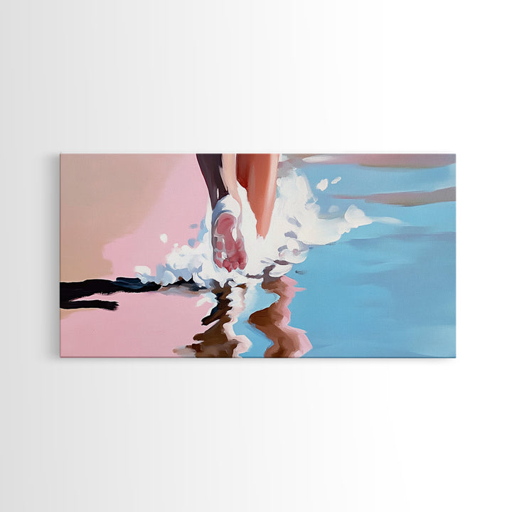 Barefoot Beach Walk, coastal decor, ocean painting, seascape painting, pink abstract art, light pink wall art, canvas print