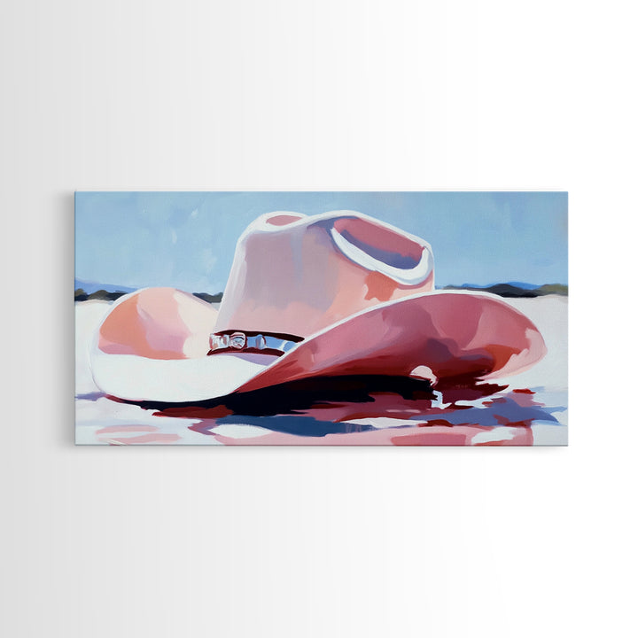 Cowboy Hat in Desert, western art, vintage cowgirl, rustic wall art, pink wall art, light pink wall art, framed canvas print