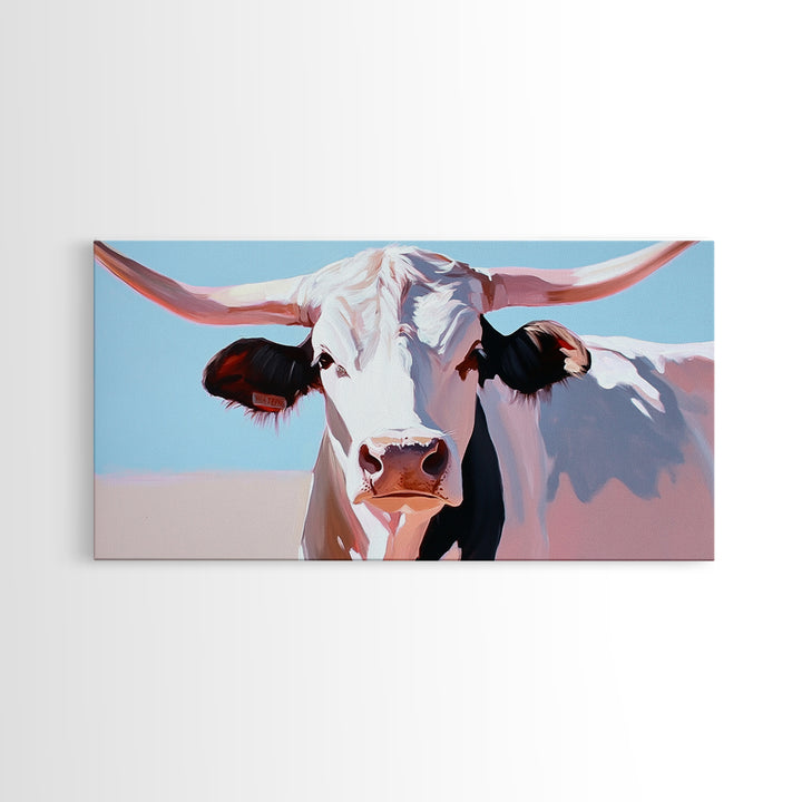 Bull And Bear Art, Rustic Wall Art, Farmhouse Art, Vintage Western Painting, Coastal Cowgirl Art, Framed Canvas Print, Above Couch Art