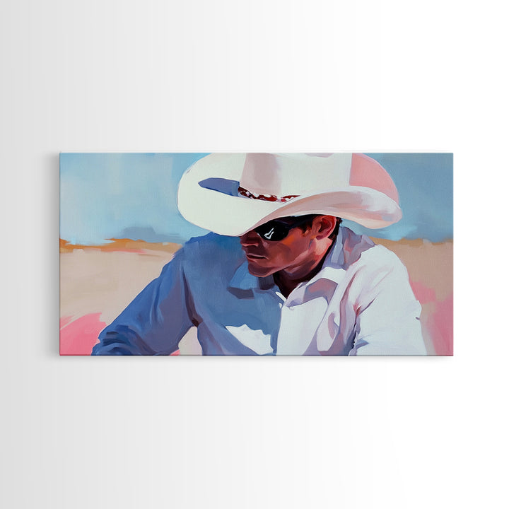 Cowboy Painting, Western Art, Rustic Wall Art, Coastal Cowgirl Art, Lofi Art, Chicano Art, Framed Canvas Print, Extra Wide Art, Panoramic Art