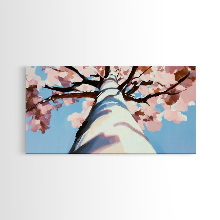 Cherry Blossom Painting, Birch Tree Art, Pink Wall Art, Botanical Prints, Extra Wide Art, Canvas Print, Above Sofa Art, Horizontal Wall Art