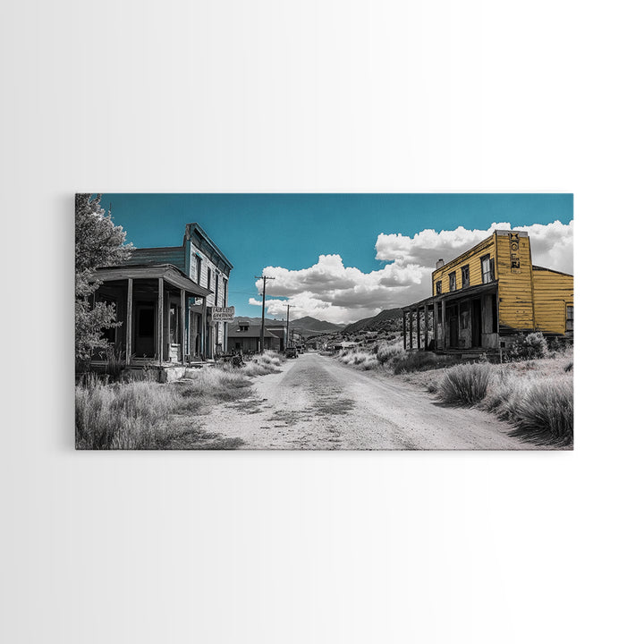 Abandoned Ghost Town Canvas Print Rustic Wall Art Western Landscape Painting Wabi Sabi Art Above Couch Art Extra Wide Horizontal Art