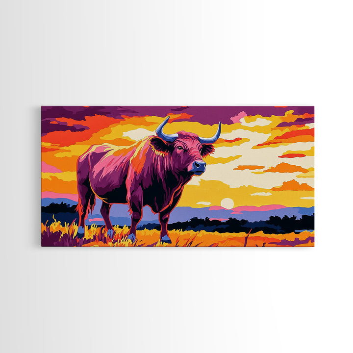 Bull Sunset, bull and bear art, rustic wall art, farmhouse decor, sunset painting, moody art, framed canvas print