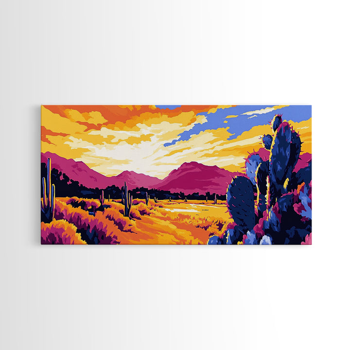 Desert Cactus, southwest wall art, mountain painting, rustic decor, landscape painting, panoramic art, Framed Canvas Print, extra wide art